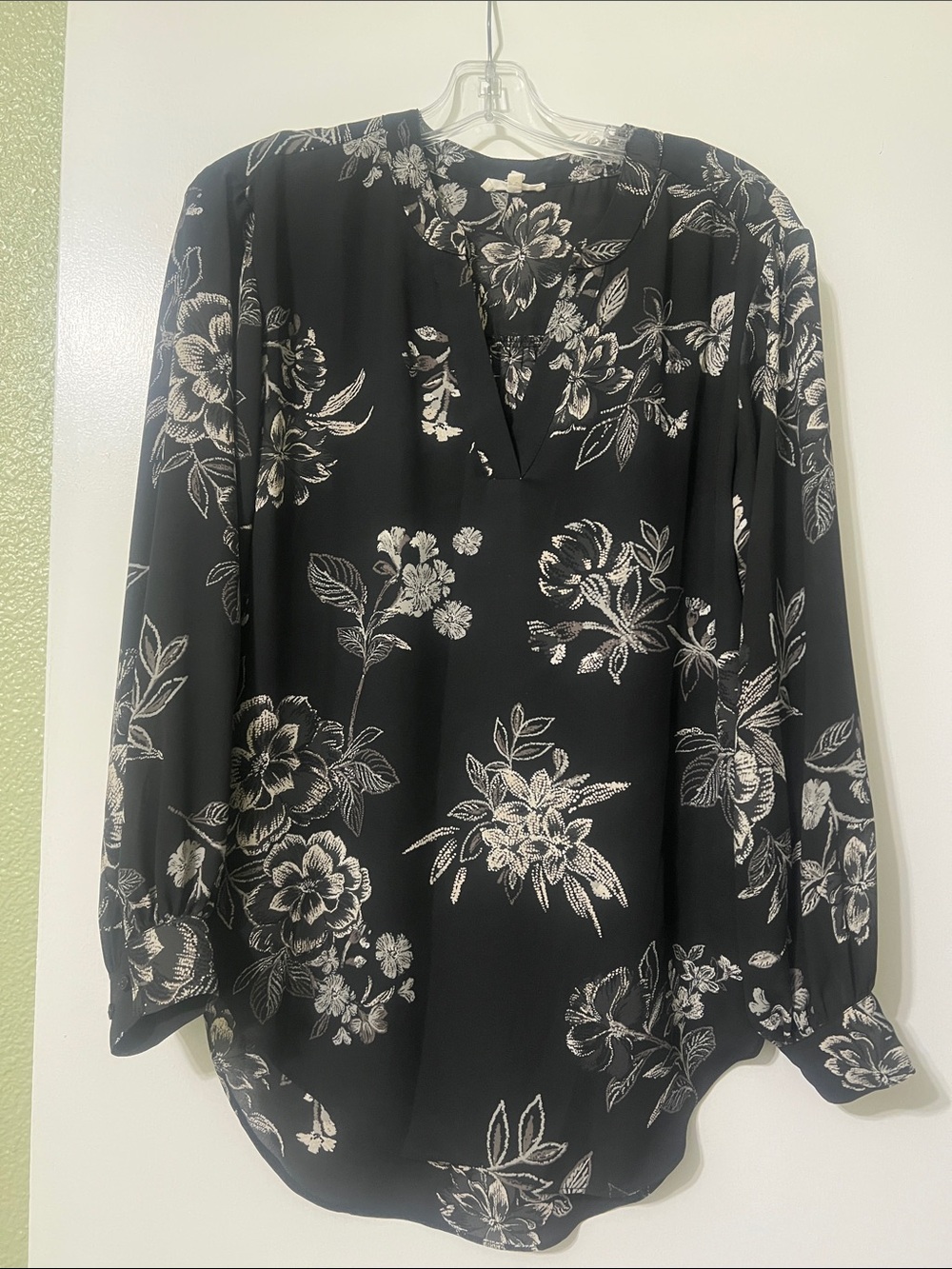 Maurices Black Floral V-Neck Blouse with buttoned cuffs